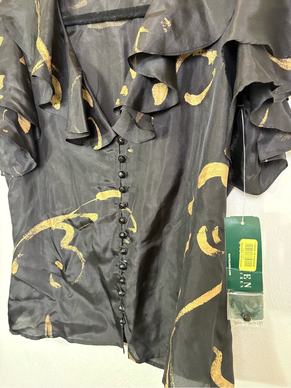 NWT Lauren Ralph Lauren 2 Piece 100% silk ruffle gold splash blouse skirt 4/6 S - Picture 9 of 16
